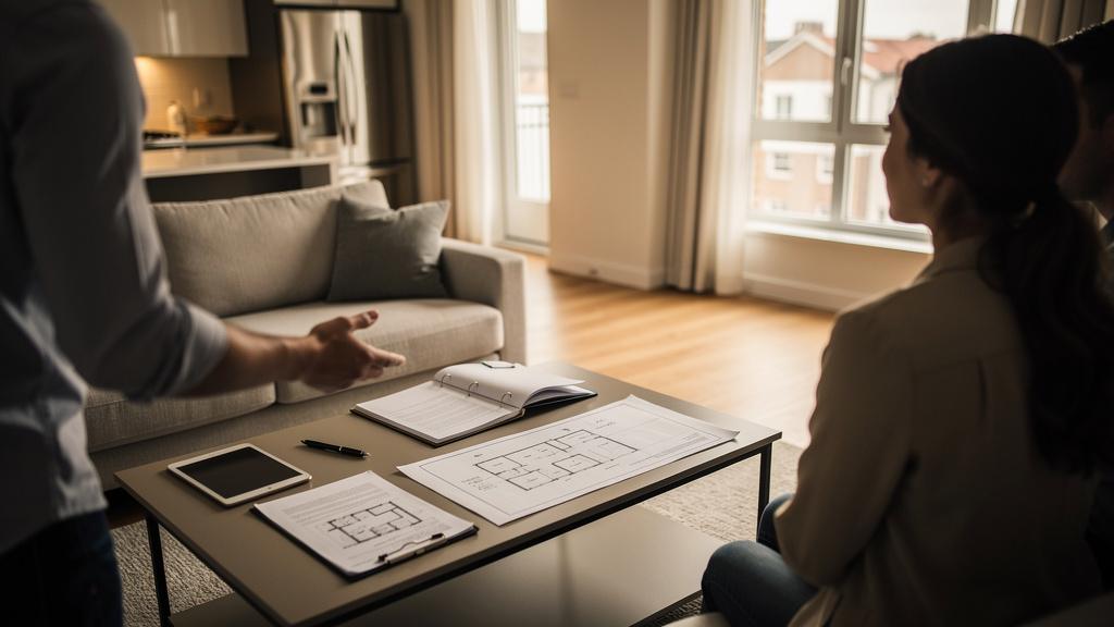 Couple en visite d'appartement discutant du prix avec un agent