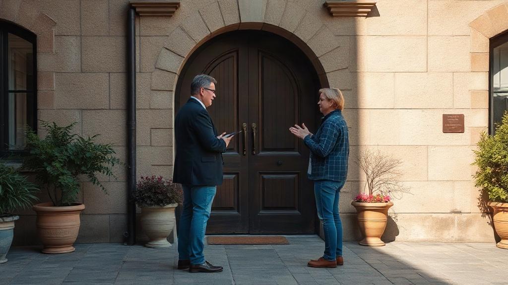 Discussion entre deux voisins devant un portail cadenassé