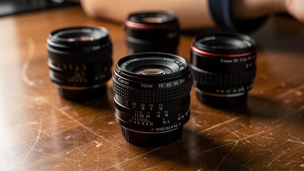 Objectifs Canon FD disposés sur un bureau en bois