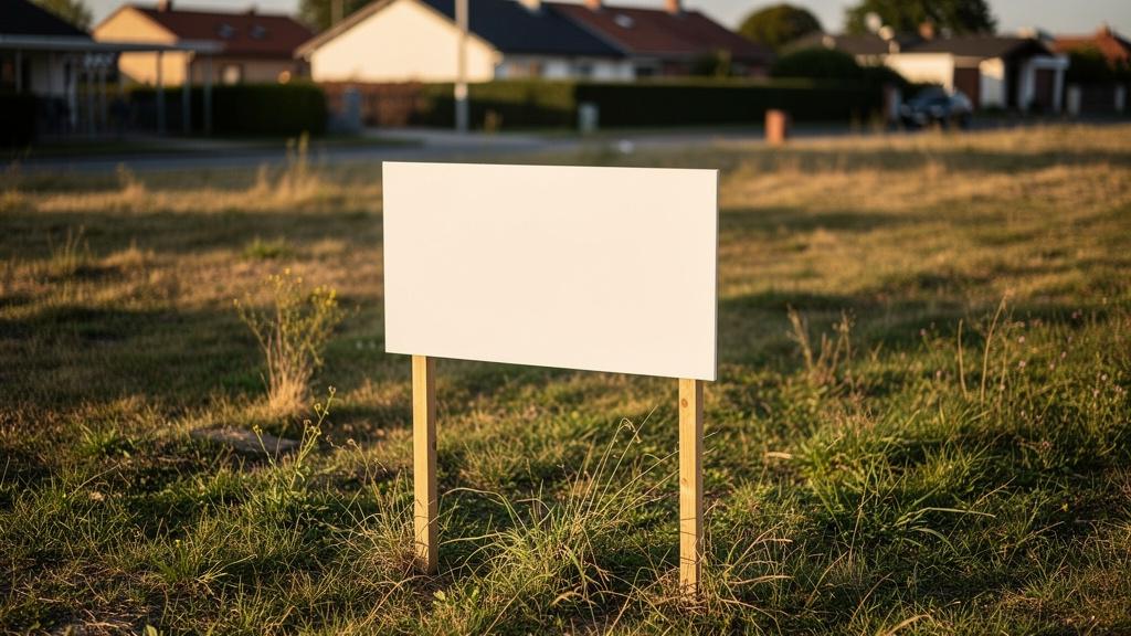 Panneau terrain à vendre planté dans un champ en zone périurbaine