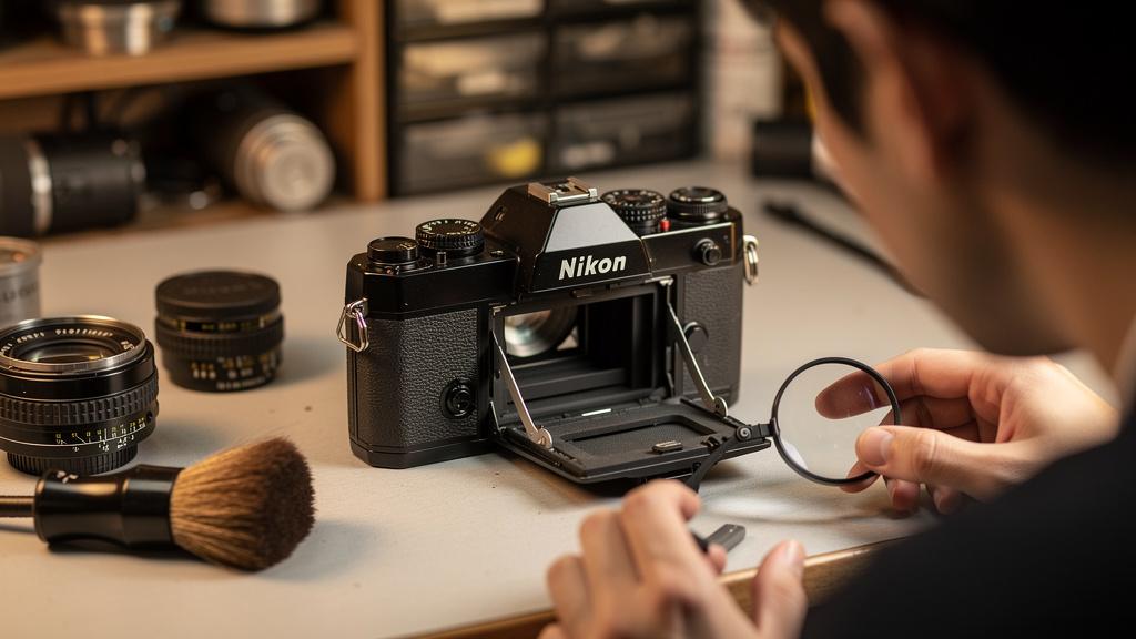 Photographe inspectant l'obturateur d'un appareil argentique Nikon d'occasion