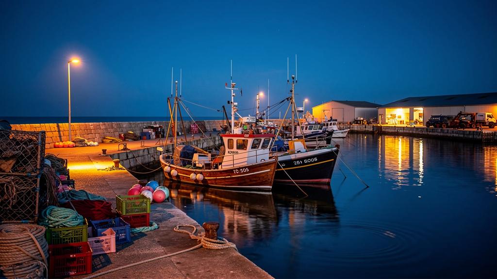 Port de pêche illuminé sous la lumière bleue du crépuscule