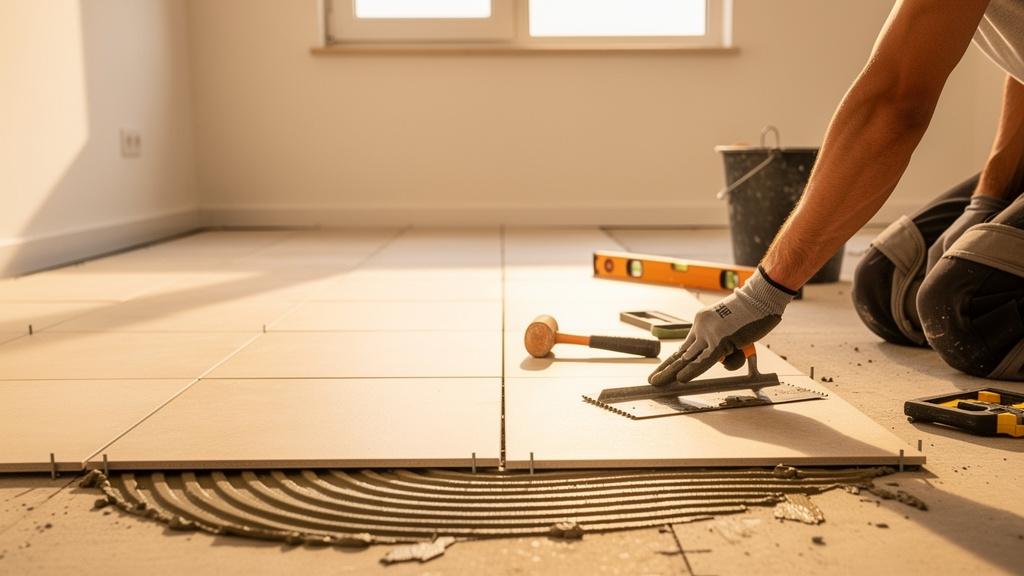 Propriétaire posant le carrelage dans sa maison neuve