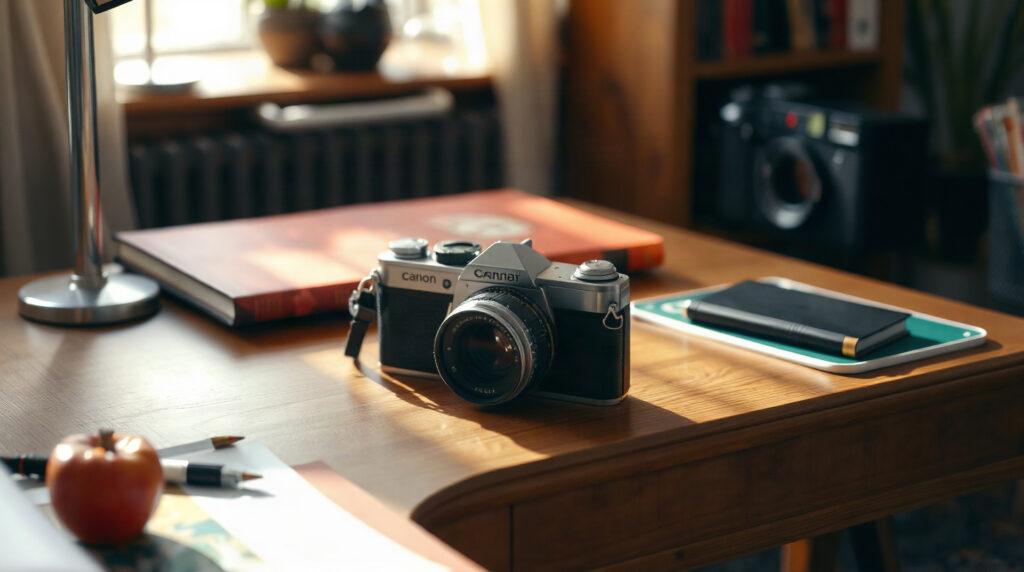 Canon AE-1 Program posé sur un bureau en bois avec une pellicule 35mm