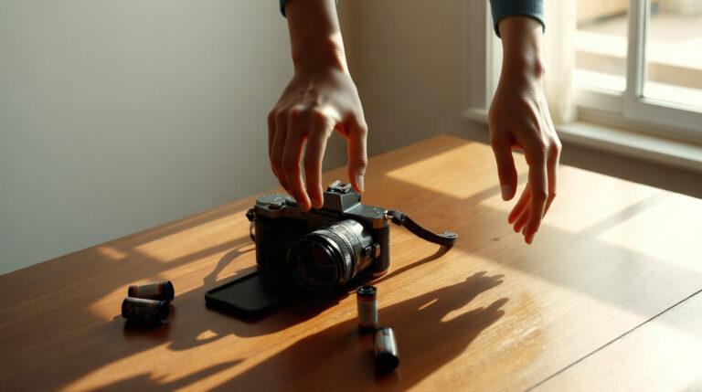 Minolta X-700 avec pellicules 35mm sur une table en bois