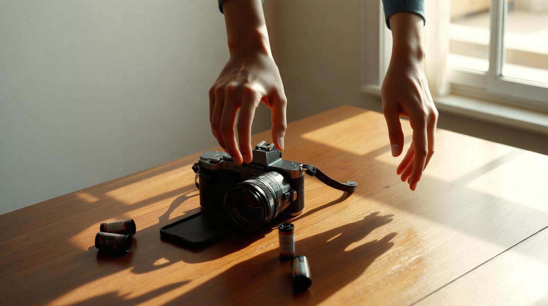 Minolta X-700 avec pellicules 35mm sur une table en bois