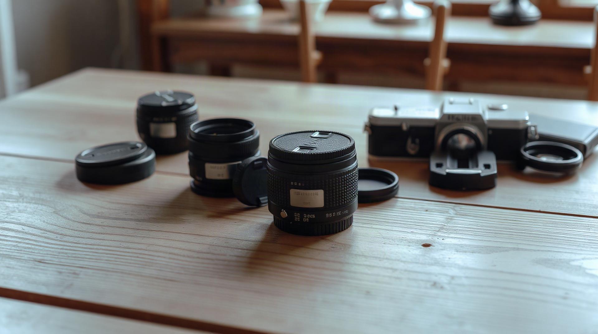 Objectifs Nikkor vintage posés sur une table en bois