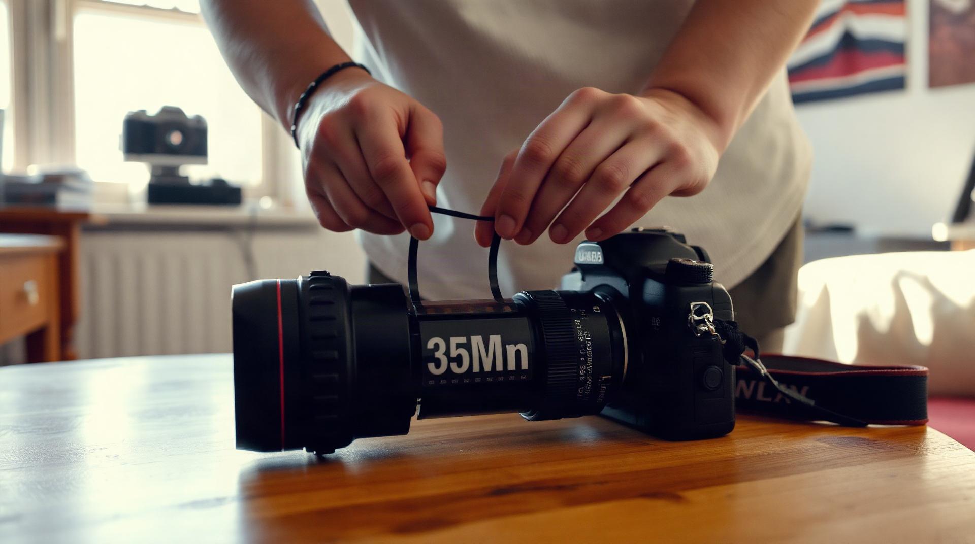 Photographe chargeant une pellicule dans un reflex argentique