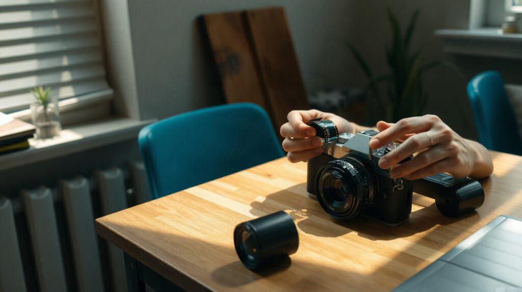Photographe chargeant une pellicule Kodak dans un boîtier argentique 35mm