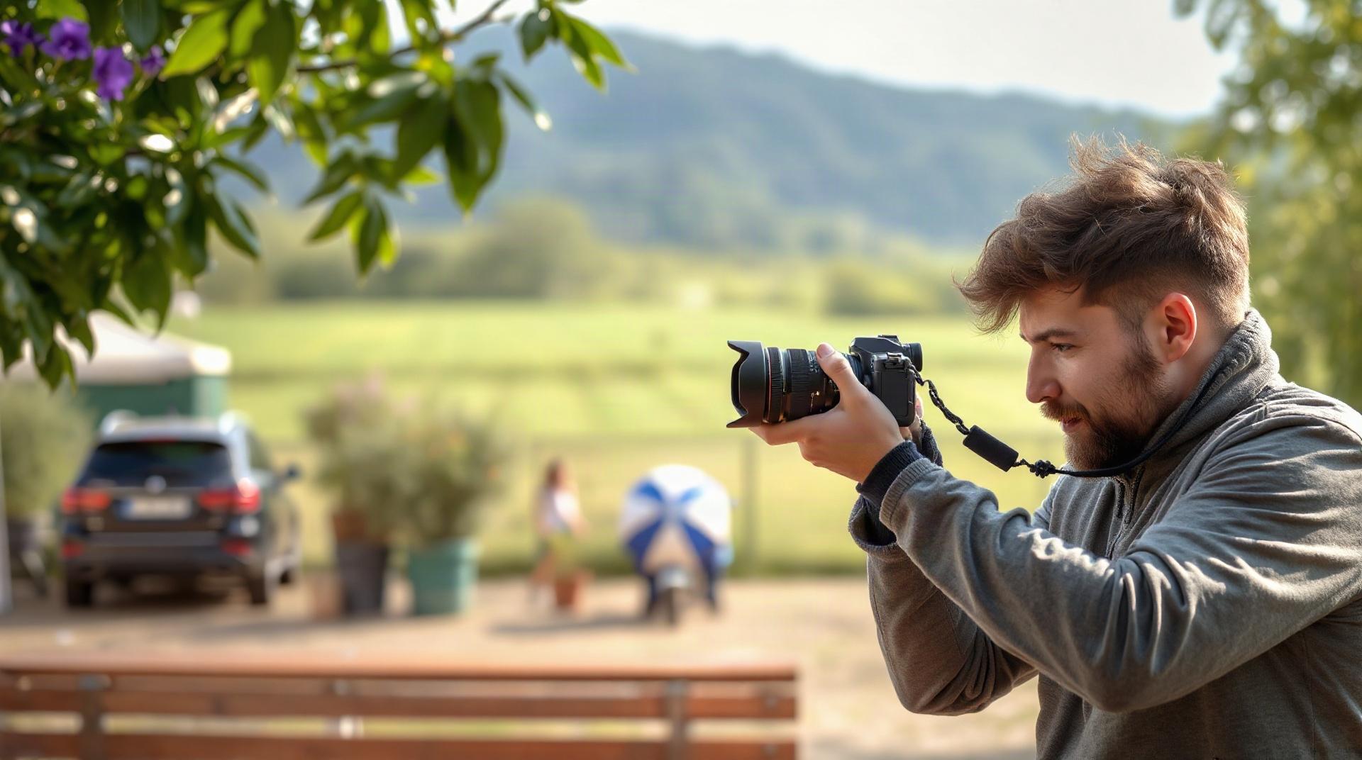 Photographe débutant réglant un reflex argentique en extérieur