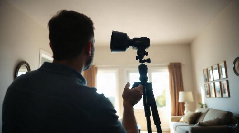 Photographe installant un flash cobra dans un salon pour une prise de vue immobilière