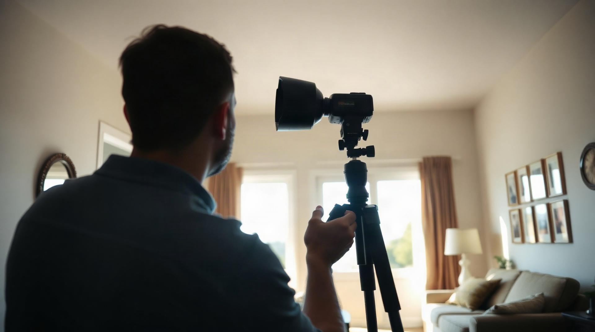 Photographe installant un flash cobra dans un salon pour une prise de vue immobilière