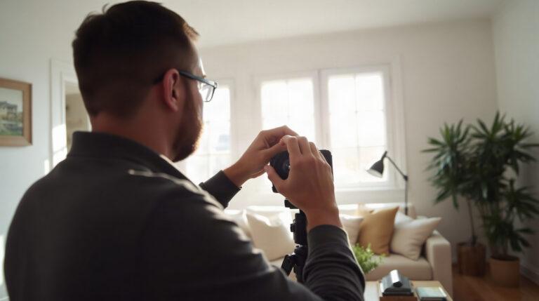 Photographe réglant son objectif 16-35mm dans un salon lumineux avant un shooting immobilier