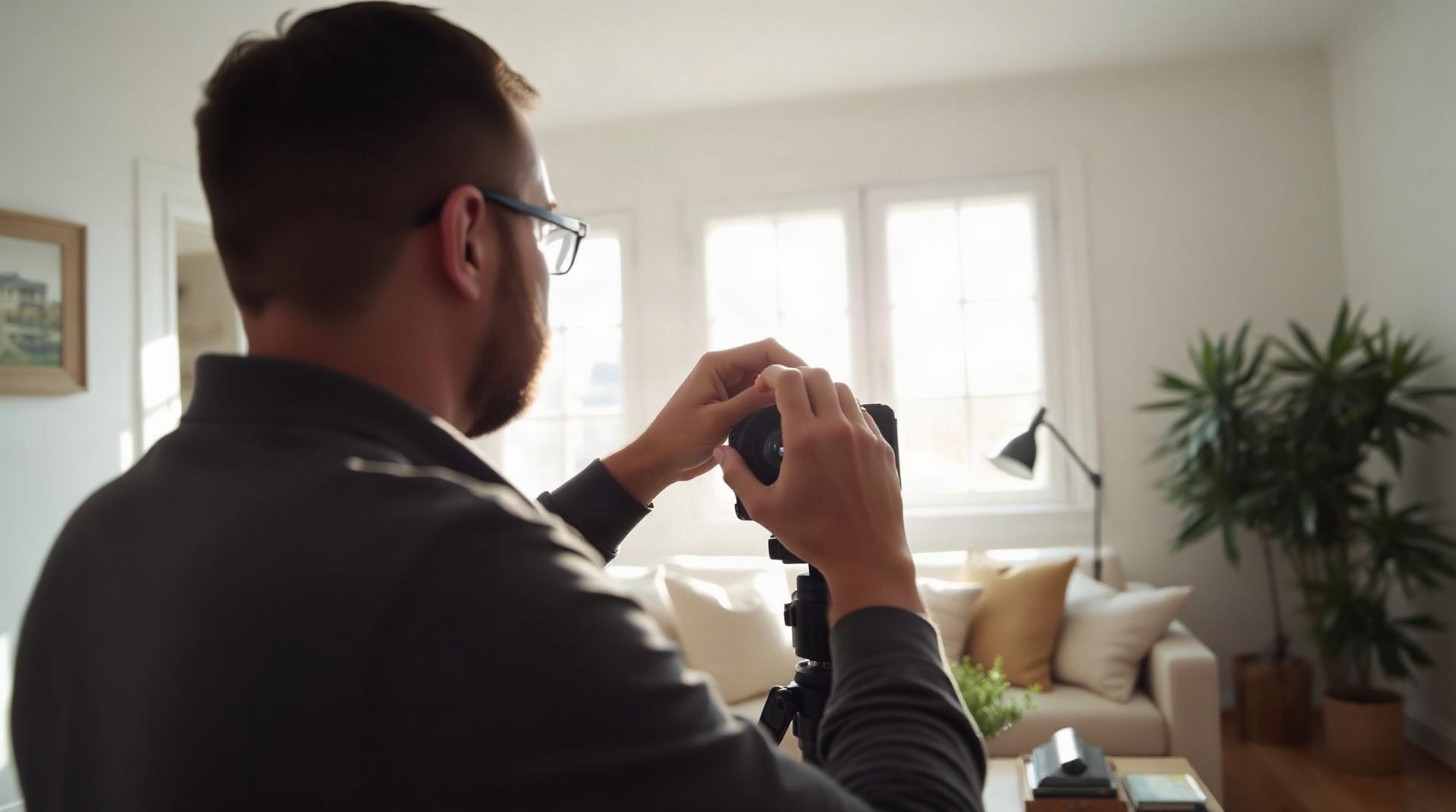Photographe réglant son objectif 16-35mm dans un salon lumineux avant un shooting immobilier