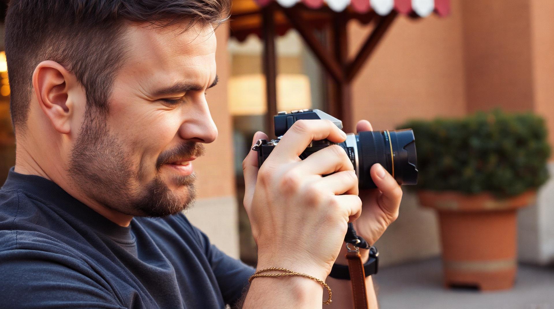 Photographe tenant un Canon AE-1 Program en extérieur