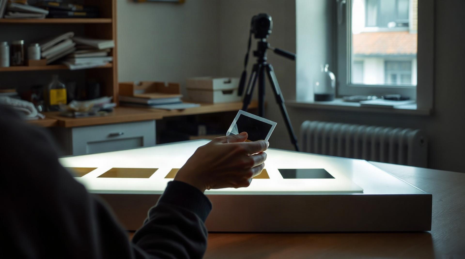 Table lumineuse avec négatifs posés dessus et appareil photo numérique sur trépied en arri
