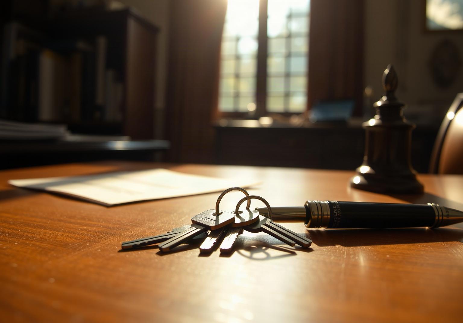 Acte notarié de partage de biens immobiliers posé sur une table