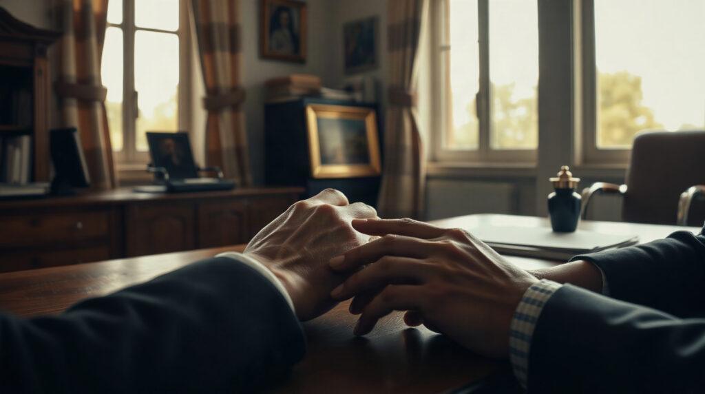 Notaire expliquant un acte de viager à un couple dans un bureau