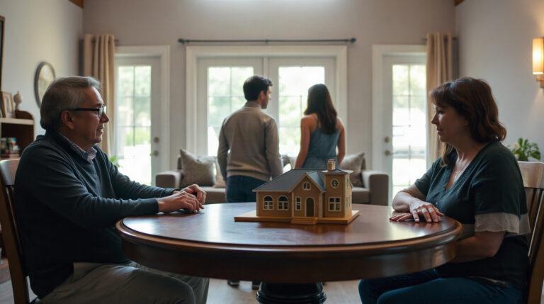 Parents et enfants adultes examinant des documents immobiliers