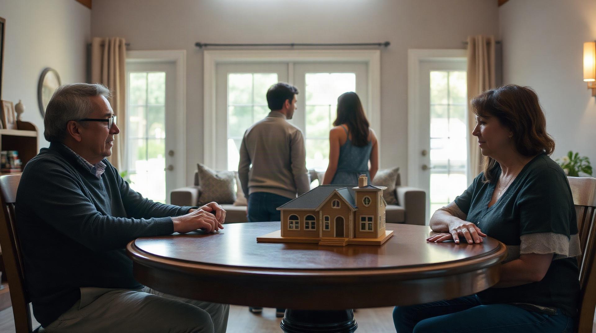 Parents et enfants adultes examinant des documents immobiliers