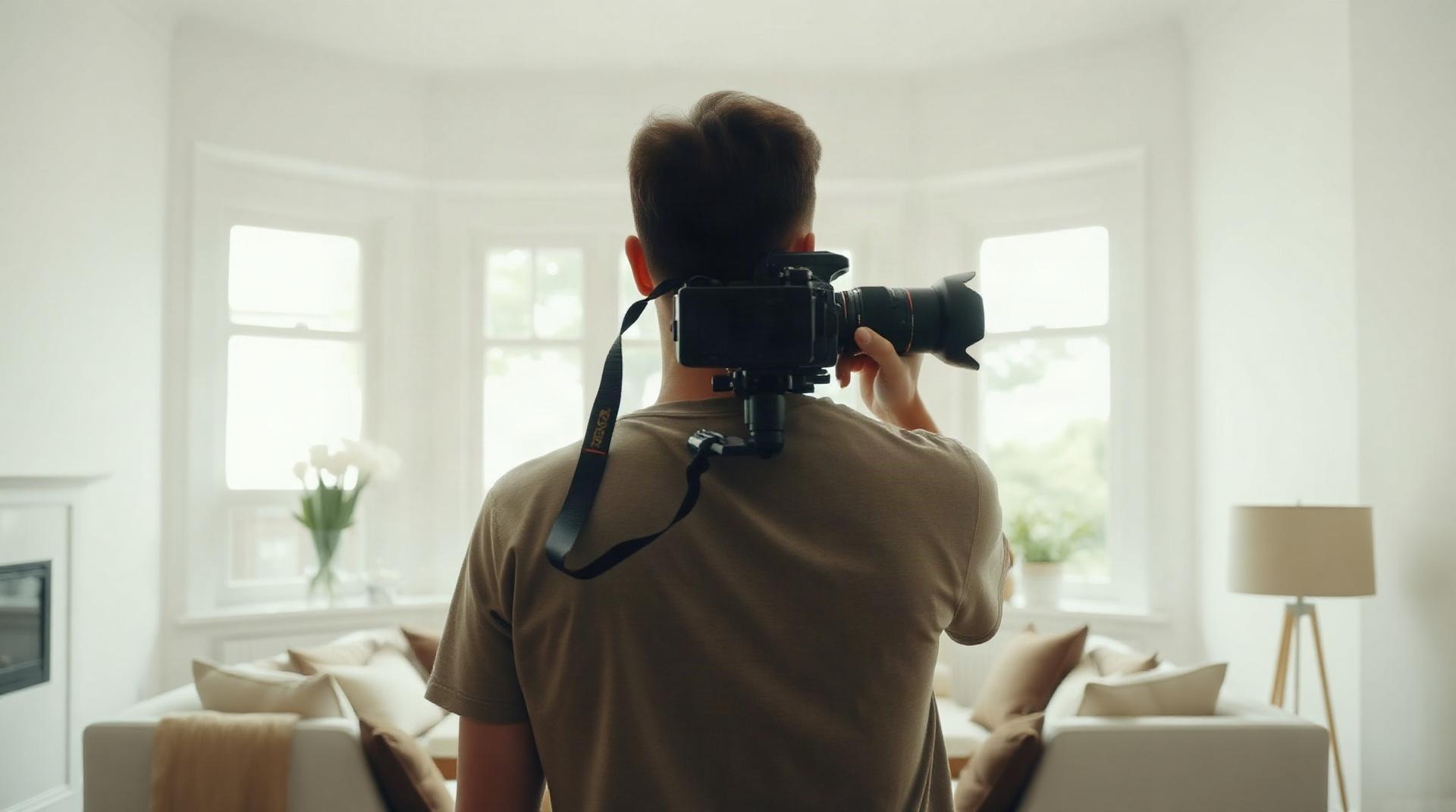 Photographe avec trépied dans un salon baigné de lumière naturelle