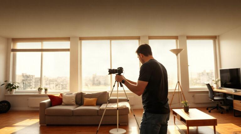 Photographe immobilier en action dans un salon lumineux