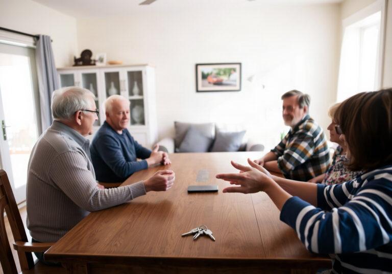 Réunion de famille autour d'une table avec des documents de succession