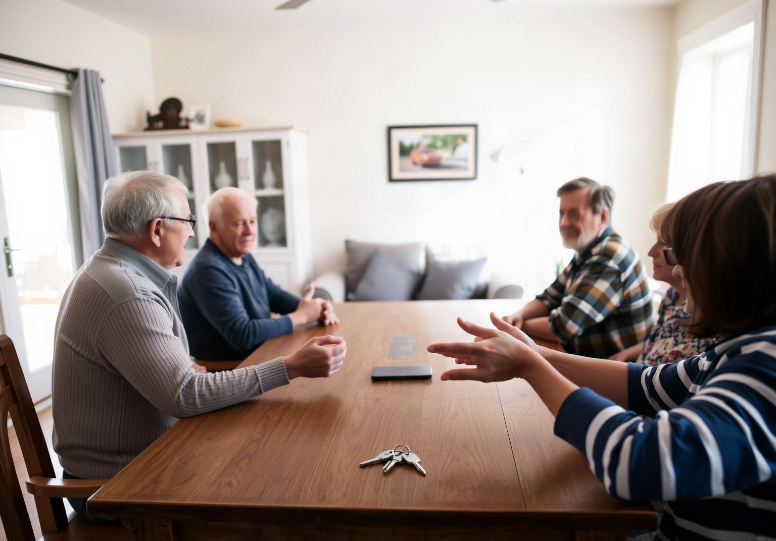 Réunion de famille autour d'une table avec des documents de succession