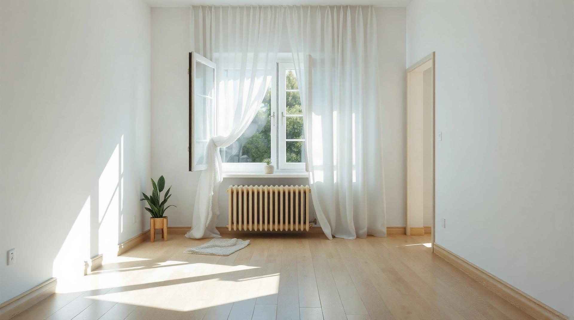 Salon minimaliste éclairé par une fenêtre avec voilages blancs ouverts