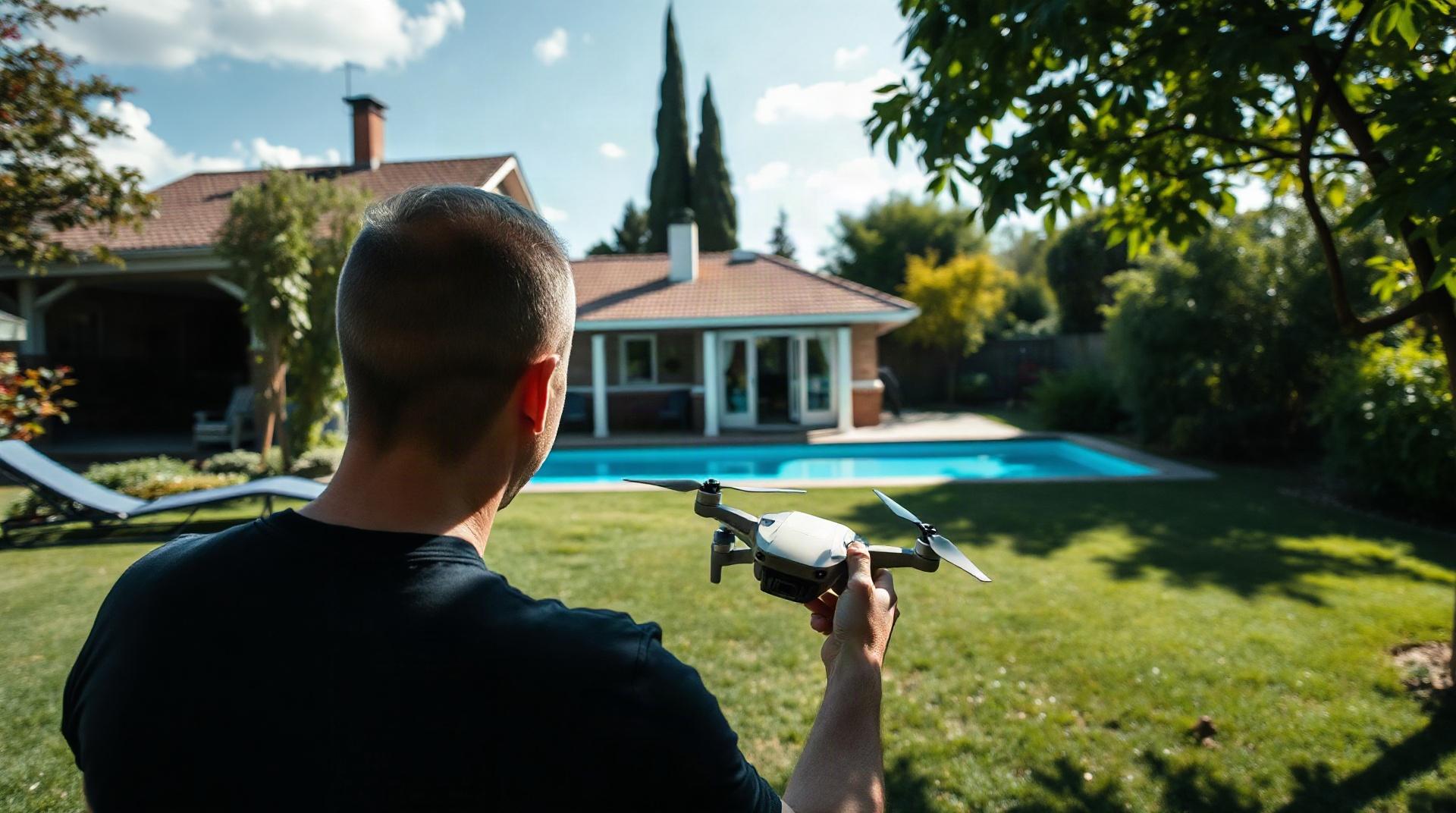 Vue aérienne par drone d'une maison avec jardin